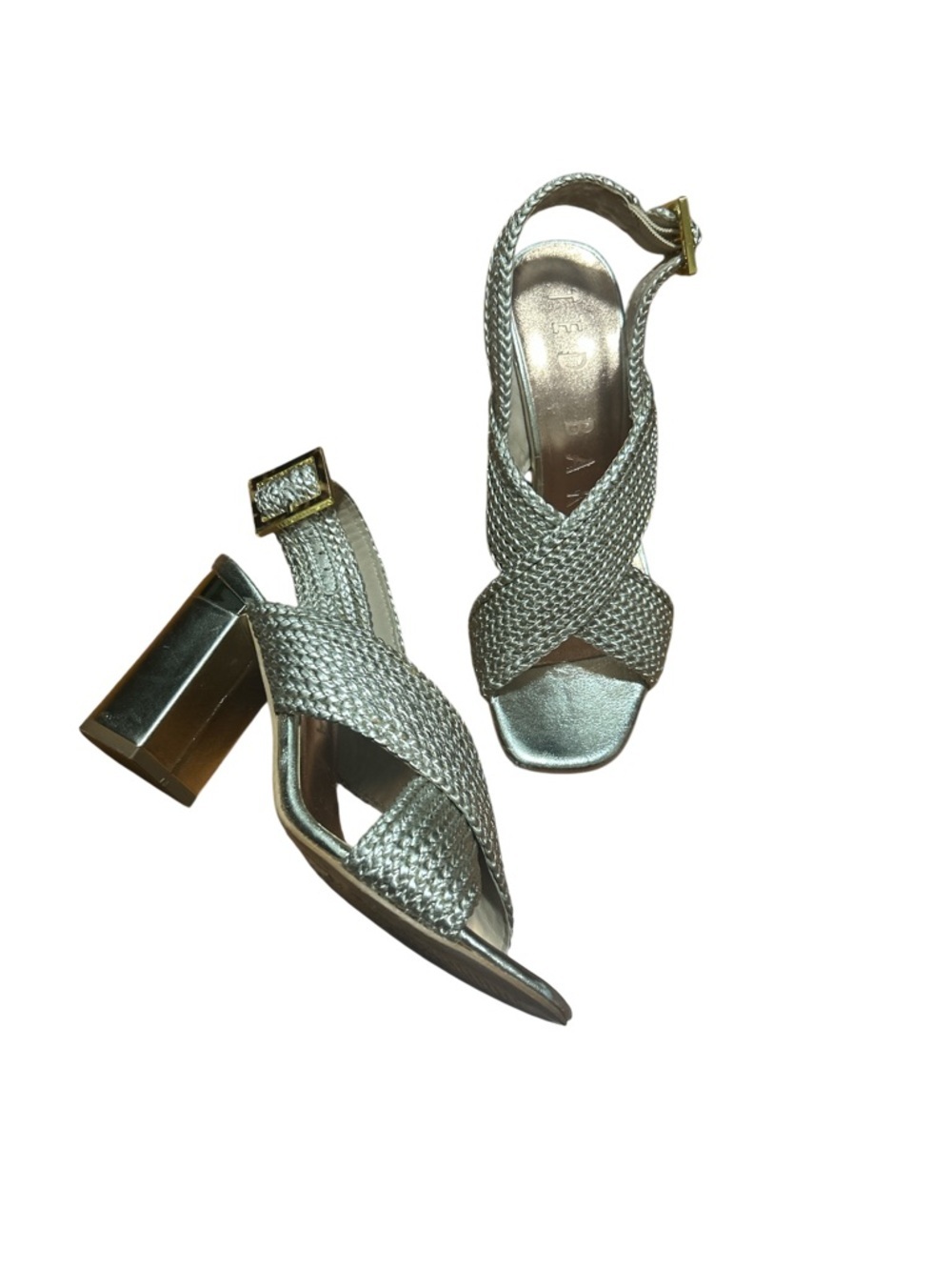 Ted Baker London Gold Braided Heeled Sandals EU 37.5 Metallic Block Heel